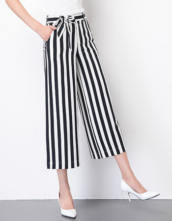 高腰黑白竖条纹阔腿裤女九分裤2018夏季薄款宽松雪纺休闲八分裤女