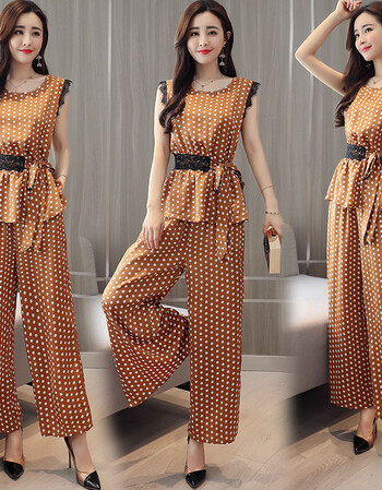 2018夏季新款韩版无袖波点t恤两件套时髦显瘦阔腿裤套装 黄色 l