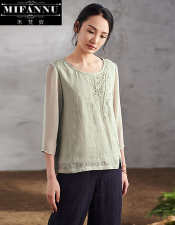 米梵奴品牌刺绣棉麻上衣2018夏季新款女装高端休闲简约刺绣复古苎麻拼