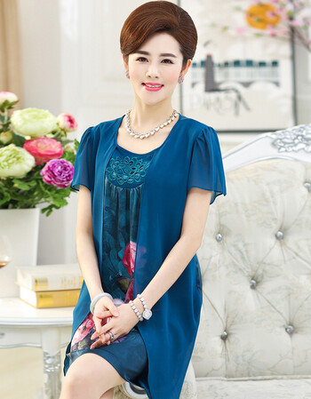 中老年人女装夏装两件40-50岁裙子妈妈装春夏中长款雪纺连衣裙 湖蓝色