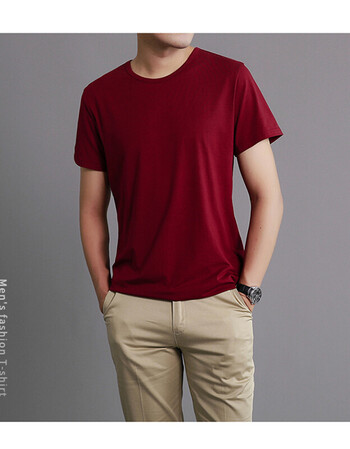 短袖男士t恤纯棉圆领冰丝半袖体恤中年长袖宽松打底衫夏季 酒红色5009