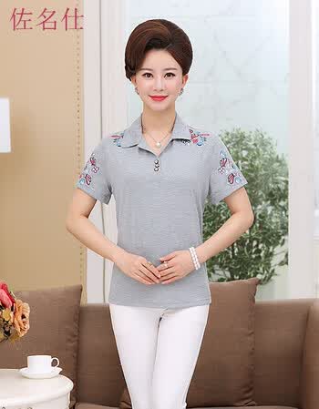 佐名仕2018夏季中老年女装妈妈装时尚显瘦全棉短袖t恤衫刺绣花短袖
