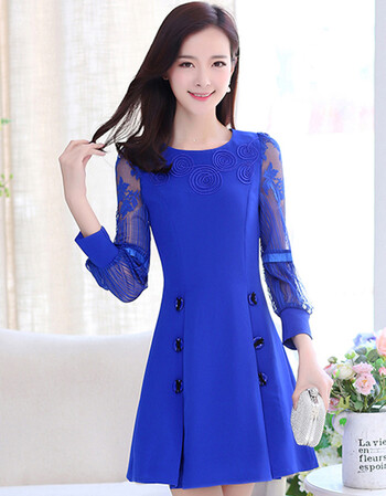 画秋2016春秋装新款韩版修身网纱拼接中长款蕾丝长袖连衣裙v2029 蓝色
