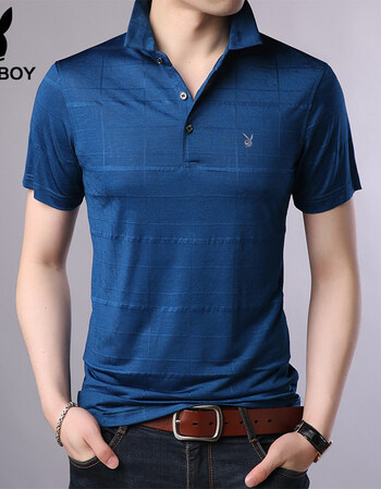 花花公子2018夏季桑蚕丝短袖t恤男士翻领格子polo衫中年爸爸男装 蓝色