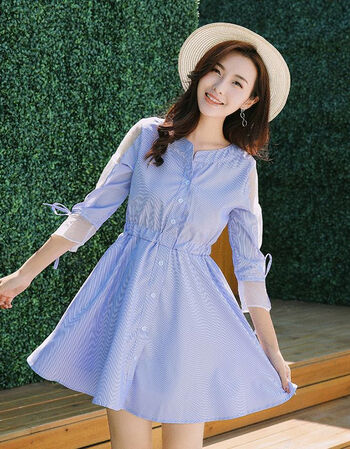 少女网红衣服女长裙女夏学生森系赫本小清新连衣裙 浅蓝色 ss