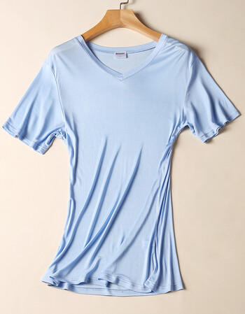 真丝t恤男士夏季v领短袖运动汗衫居家睡衣休闲打底衫桑蚕丝文化衫 天