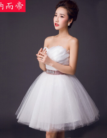 婚纱礼服夏短裙婚纱婚礼聚会表演白色网纱绑带抹胸小礼服 白色 l