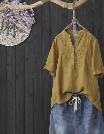 梵藜文艺范棉麻女装新款宽松立领刺绣亚麻衬衫上衣短袖