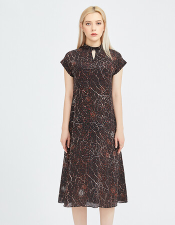 2018轩妮娅女装 现代风长款宽松圆领短袖真丝连衣裙 kq18w8141 咖色