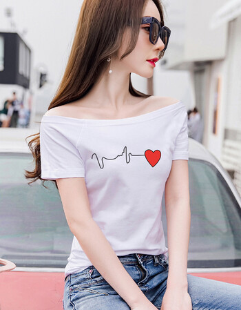 修身韩版一字肩上衣女夏学生一字领露肩短袖t恤女漏肩印花体恤 白色