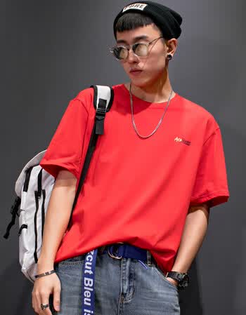 短袖t恤男新款嘻哈国潮牌宽松圆领针织衫男士半袖汗衫上衣服大码 红色