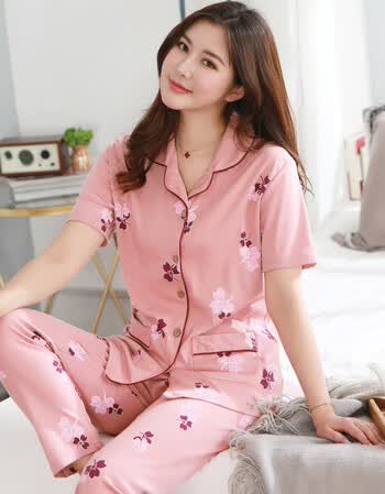 柯梵图夏季女士睡衣家居服短袖长裤棉全棉中老年肥婆休闲薄款女式套装