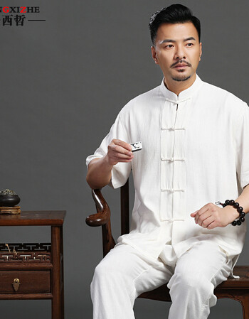 亚麻短袖套装夏季棉麻汉服唐装男爸爸中青年中国风古装居士服古风