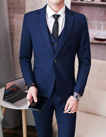 春秋新款潮流格子西装三件套装男英伦绅士发型师新郎结婚礼服正装 201