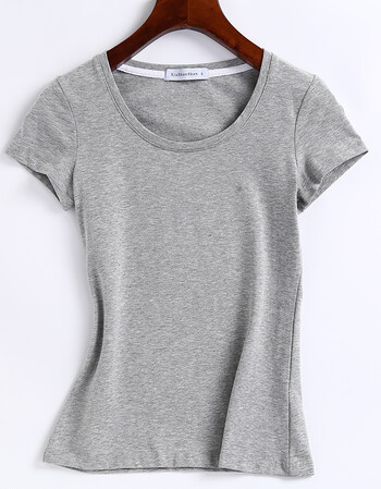 露脐斑马黑白细横条纹大圆低领口短袖t恤女棉打底小衫 灰色(不露肚脐)