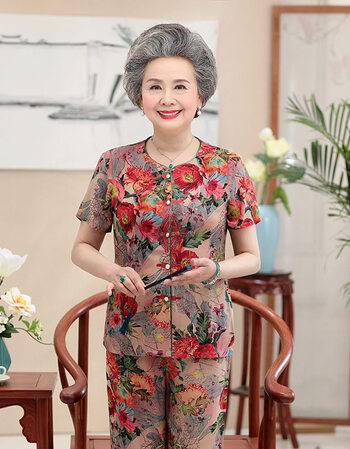 卓纪老人衣服妈妈装春装上衣短袖衬衫中老年人女装奶奶装60岁夏装套装