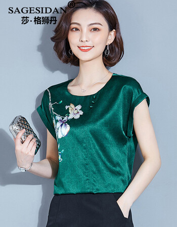 女装宽松大码印花桑蚕丝上衣2018夏季新款真丝t恤女短袖妈妈半袖夏