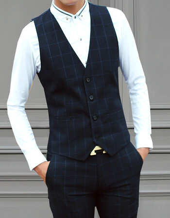 西装马甲套装男士衬衫西裤三件套商务休闲正装修身格子潮西服马夹 宝