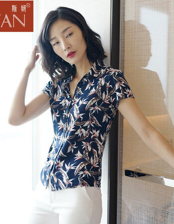 斯妍2018夏季新款真丝衬衫女翻领开襟宽松大码印花短袖衬衣桑蚕丝上衣