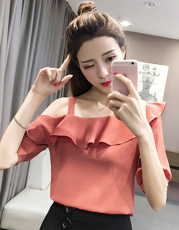 韩版新款夏季碎花一字肩小清新超仙飘逸露肩雪纺衫女甜美上衣 609#桔