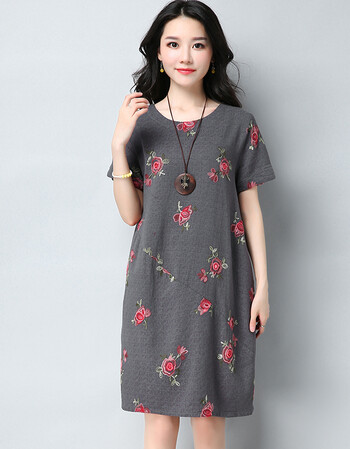 文艺中年妈妈棉麻刺绣连衣裙中长款复古女装夏季大码宽松亚麻中裙