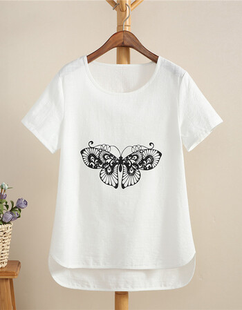 新款原创棉麻刺绣短袖t恤女宽松大码简约圆领学生百搭打底衫 蝴蝶图案