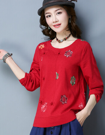 2018春装新款打底衫女士复古宽松上衣小衫秋百搭中年绣花长袖t恤 红色