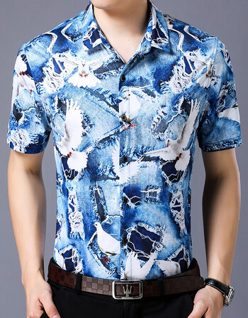 珂梵图ins夏季短袖花衬衫男 薄款棉质修身碎花衬衣中青年潮流印花上衣