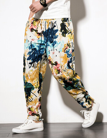 春夏季亚麻阔腿裤宽松泰国花裤子灯笼裤盘扣束脚裤棉麻休闲长裤男