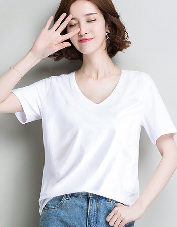 白色t恤女短袖宽松2018半袖体恤纯色韩范上衣服夏装黑色 v领白 s