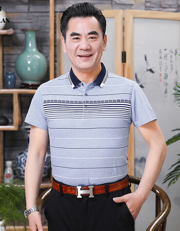 夏天中年男士上衣老爸条纹体桖短袖t恤宽松中老年人丅土休闲衣服 灰色