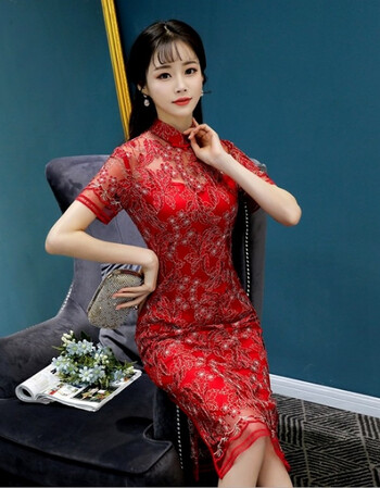 古莱登壹号清丽粉紫包袖典雅镂空花朵蕾丝精品中长款波浪下摆旗袍裙