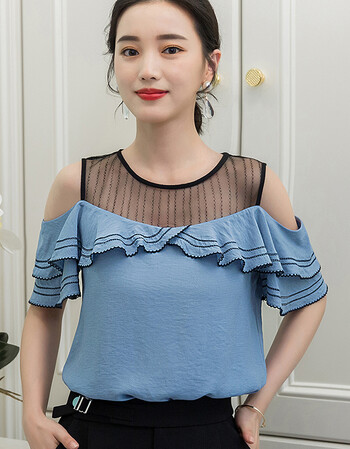 雪纺衫女夏短袖2018荷叶边漏一字肩上衣时尚洋气小衫 蓝色 xl