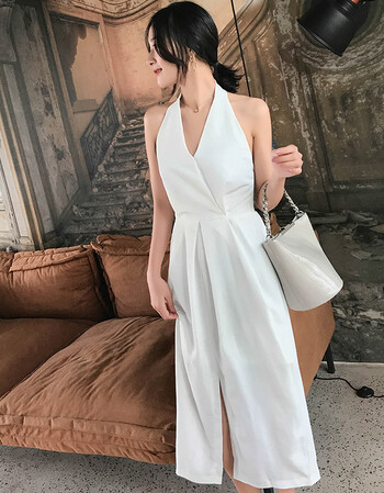 无袖挂脖v领连衣裙女夏2018新款 中长款性感露背气质裙子收腰显瘦