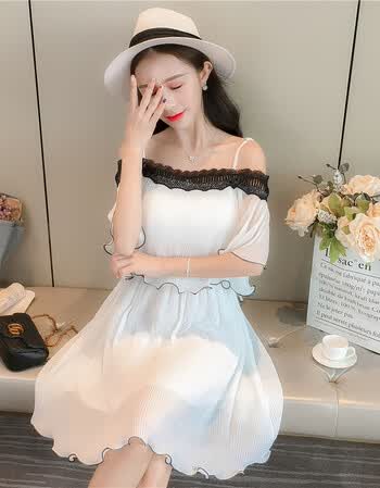 女雪纺裙子夏季新款一字肩韩版短款初恋裙复古超仙学生吊带连衣裙