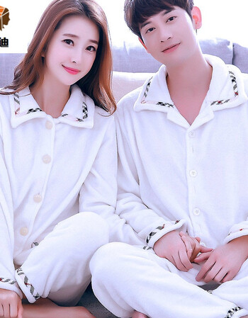 冬季长袖套装家居服男女冬天格子加厚法兰绒珊瑚绒可爱 本白情侣套装