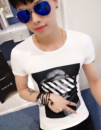 韩路潮男装社会小伙时尚个性印花t恤男士时尚半袖打底衫青少年夏款t恤