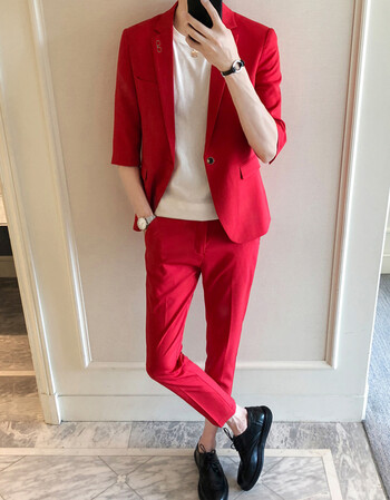 商务休闲长袖小西装男秋季英伦西服套装青年婚礼服三件套帅气正装