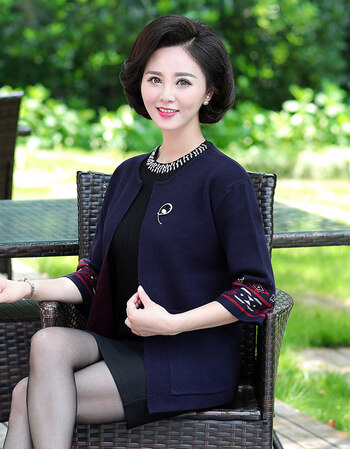 中年妈妈 七分袖外搭开衫中老年女短款外衣40-50岁 藏青色 l