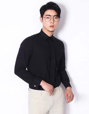 川泽法式袖扣黑衬衫男士上衣2018英伦风修身时尚宽门襟长袖衬衫男