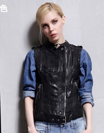 吊带皮衣机车新款马甲水洗植鞣头层绵羊皮短款女修身背心外套 黑色