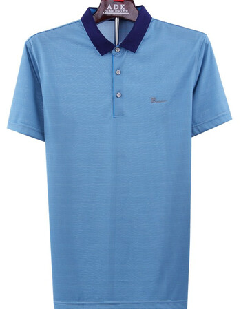 夏季男装短袖t恤纯桑蚕丝翻领中年男士真丝薄款半袖 蓝色 165/84a-46