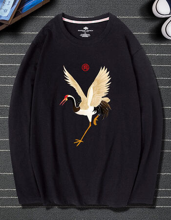 中国风国潮长袖t恤男 夏天薄款衣服男士加肥加大码秋衣 黑(松鹤) 男