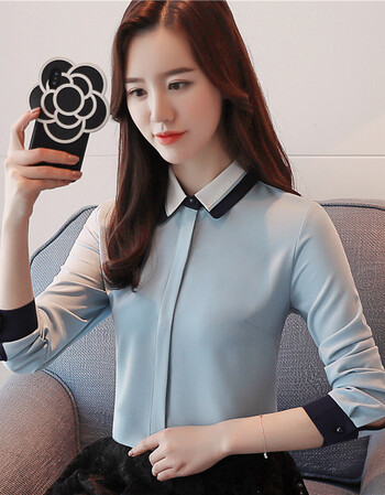 长袖职业优雅衬衫女2018秋新款翻领大码撞色拼接气质打底衫上衣 灰