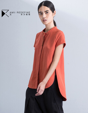 AMIIREDEFINE2015秋新品立领绣花前短后长纯棉大码衬衫女61570860 砖红 XL