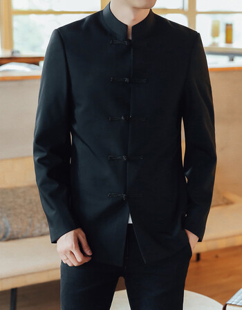 中山装盘扣男士青年修身立领西装修身中式唐装春秋中国风外套 黑色 l