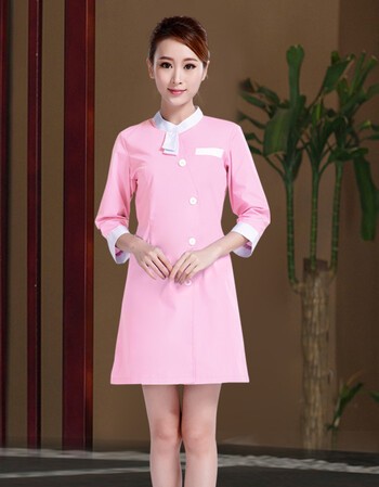美容院纹绣师工作服女护士服美容师服装连衣裙1 蜜桃粉 283粉色七分袖
