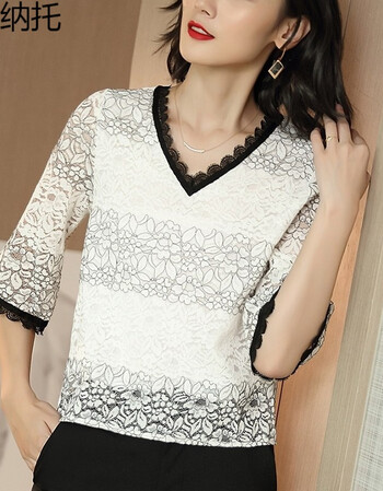 纳托半袖雷丝上衣女秋季韩版宽松短款勾花镂空洋气小衫时尚百搭蕾丝衫