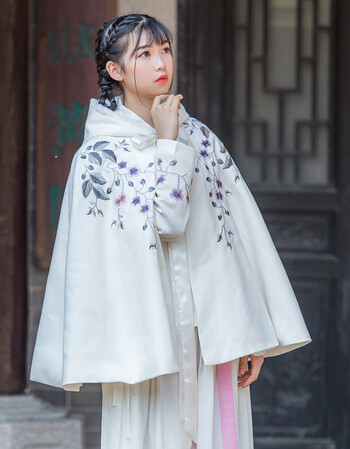 玖瑶沉香琉璃改良汉服女汉元素加绒刺绣短斗篷披风外套春秋 白色 均码