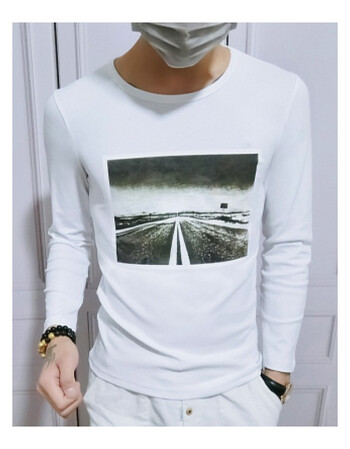 快手红人男长袖t恤秋季新款精神社会小伙韩版修身打底衫 路途【白色】